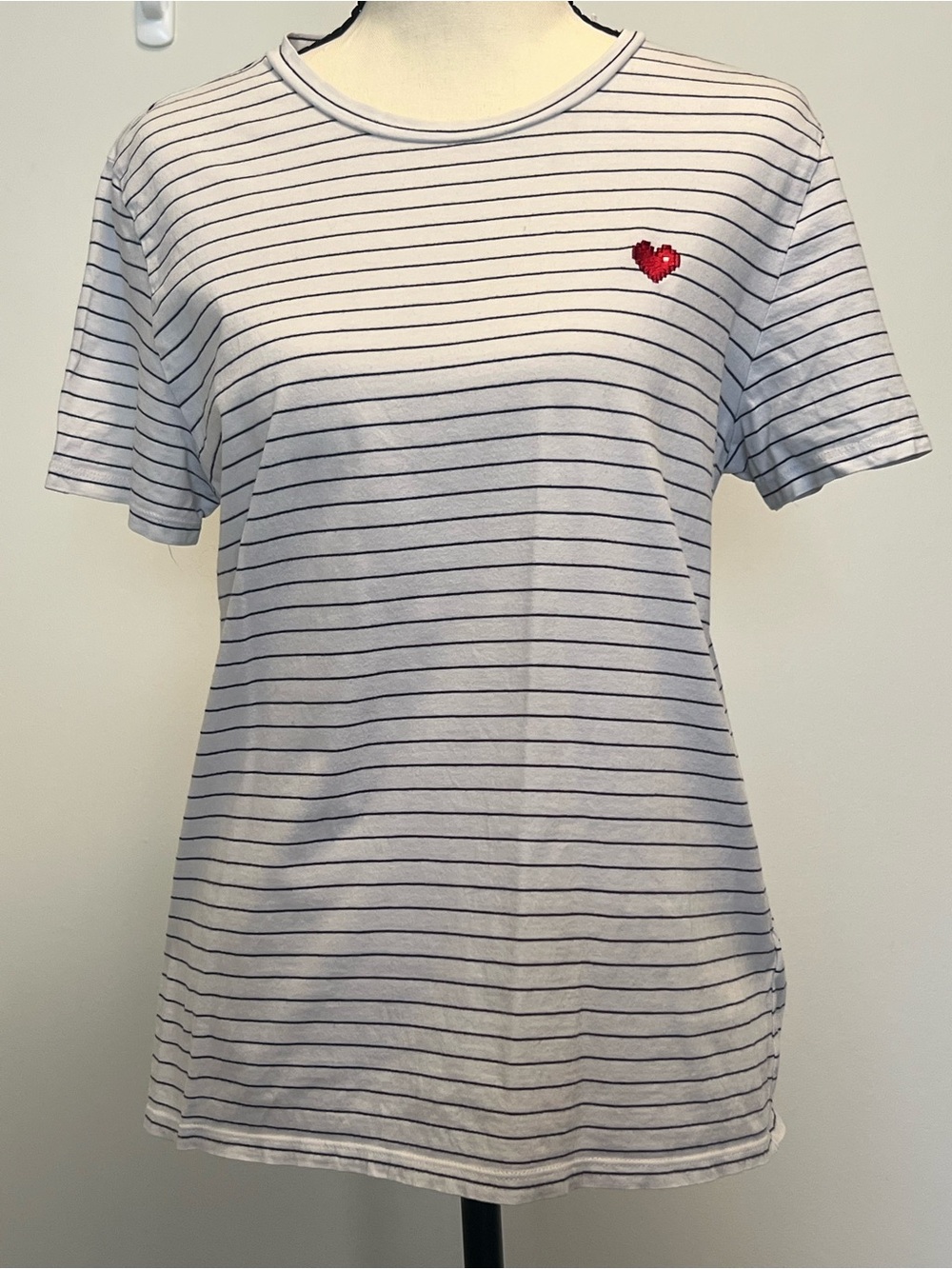 White Striped Short Sleeve Tee with Red Heart Accent